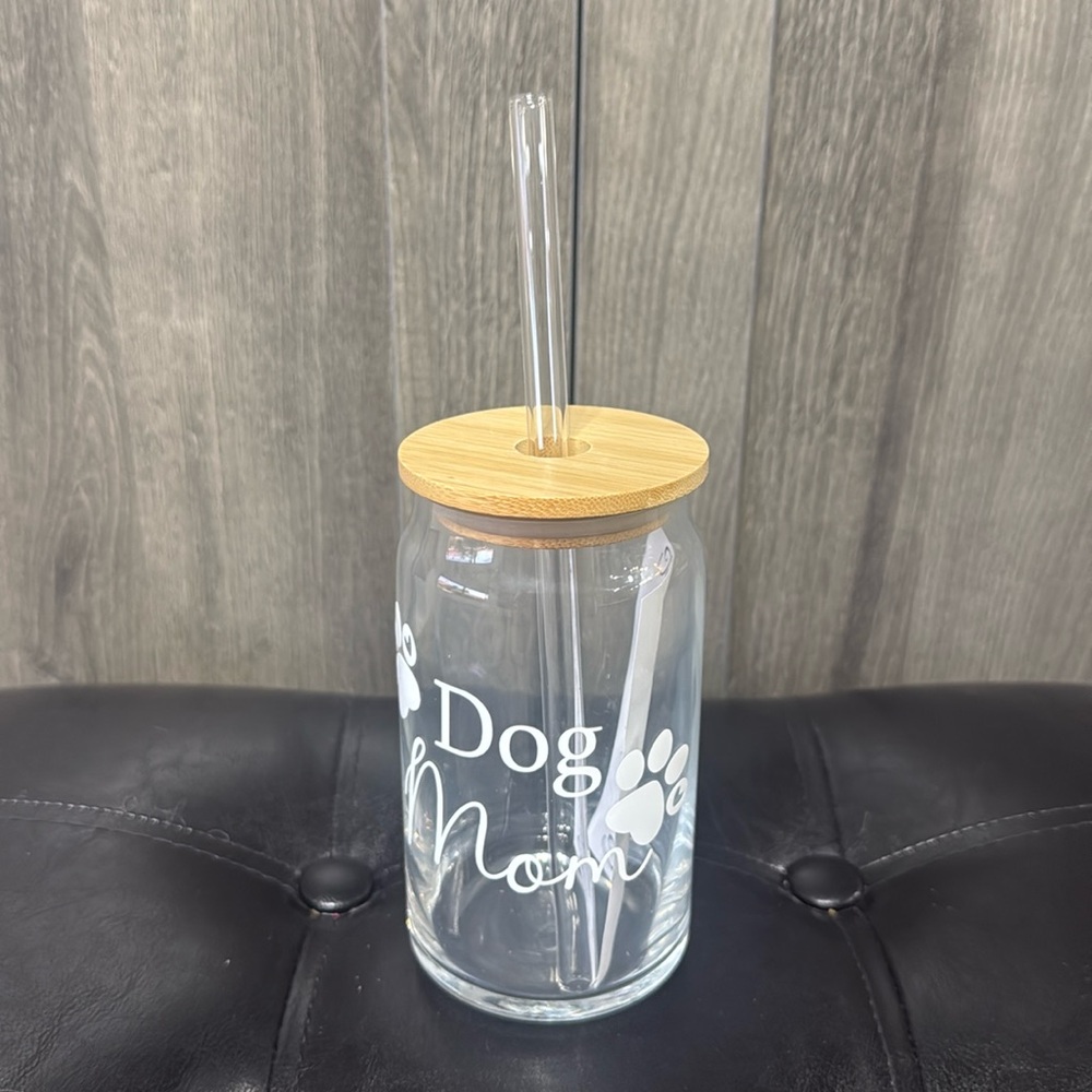 New Dog Mom Glass Tumbler With Lid & Glass Straw